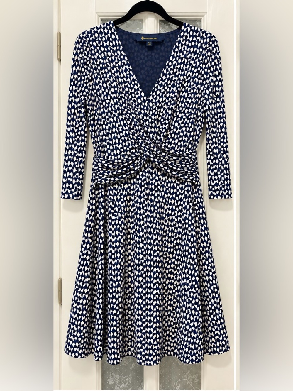 Brooks Brothers Navy and White Geometric Faux-Wrap Dress Sz L